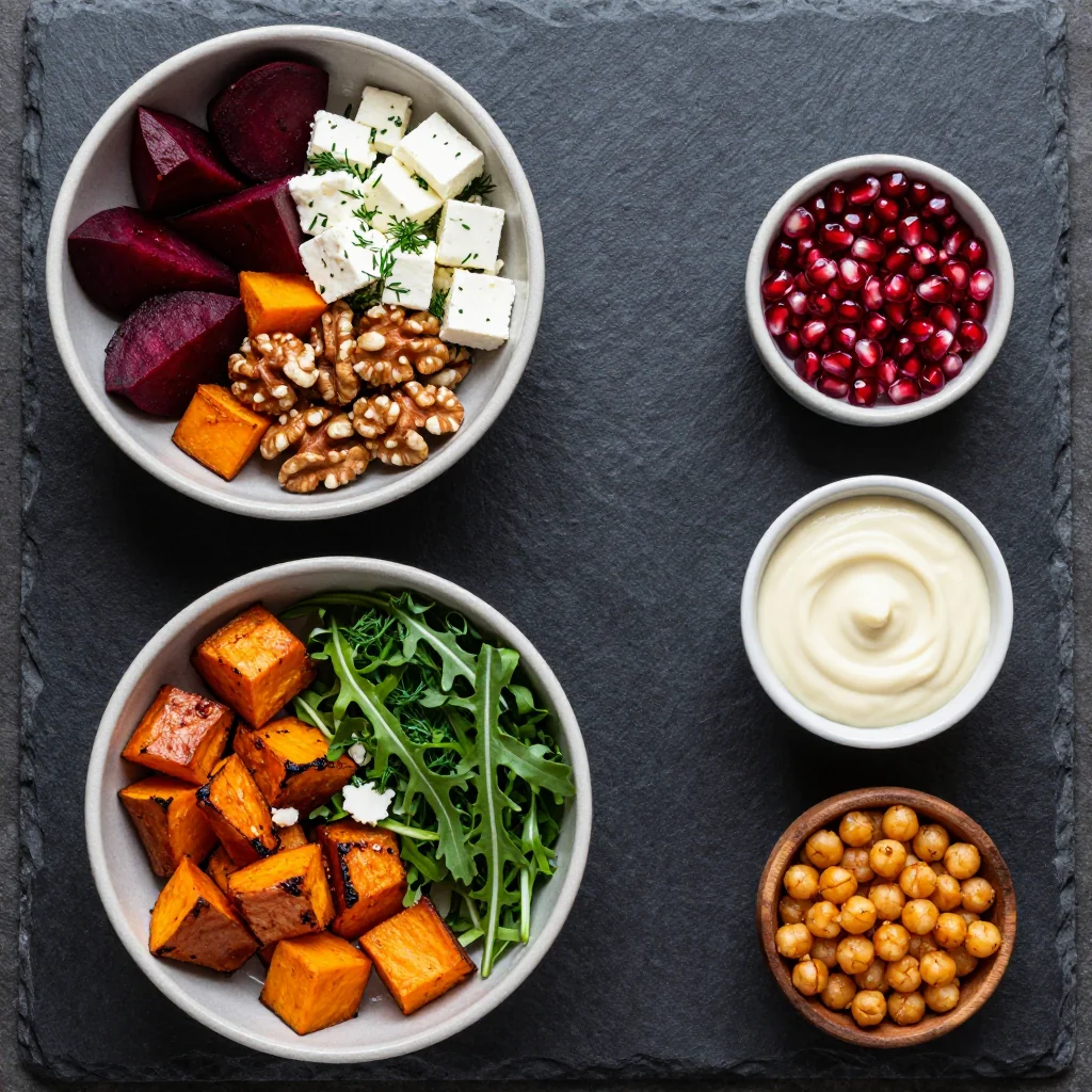 Fresh sweet potatoes, beets, spinach, and goat cheese arranged on a wooden board