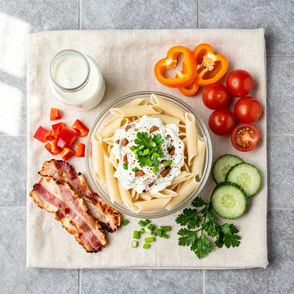 All ingredients for Chicken Bacon Ranch Pasta Salad Creamy