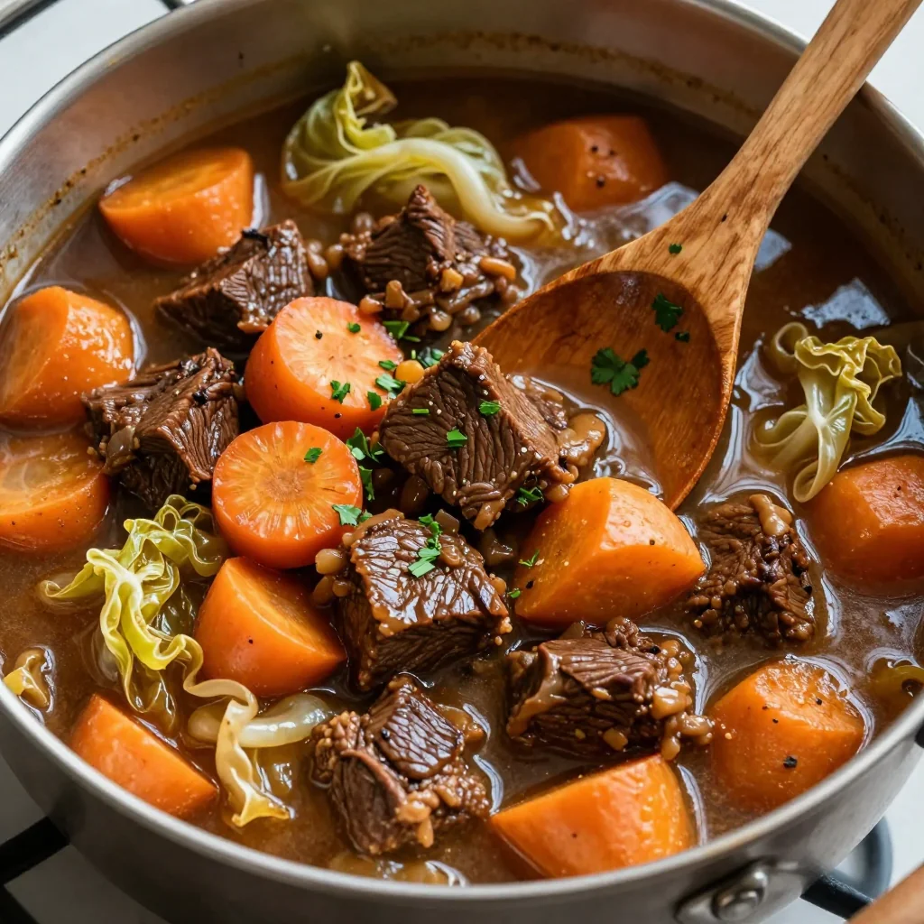 cozy one pot beef and sweet potato stew with carrots and cabbage