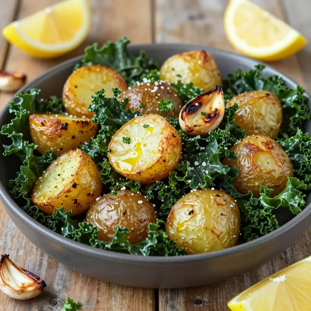 warm garlic and lemon roasted potatoes with kale for cozy winter nights
