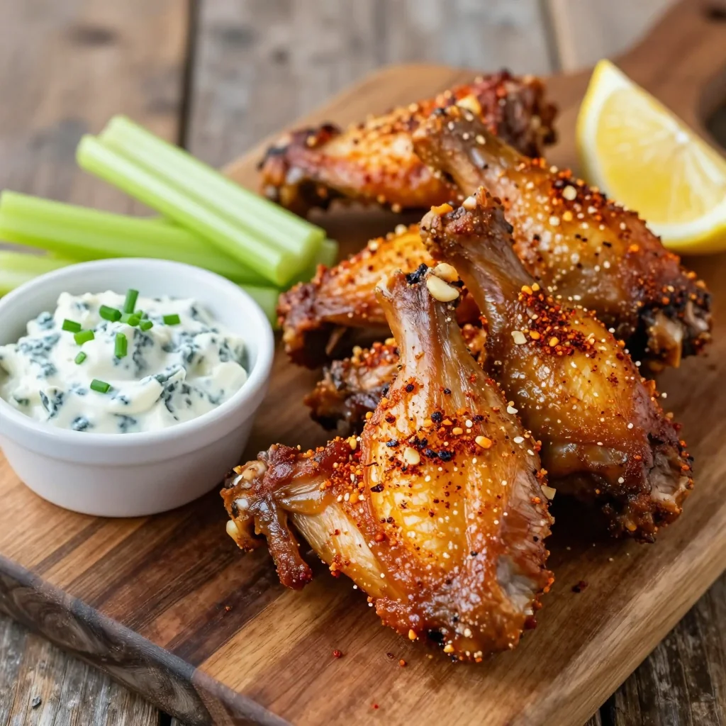 Crispy Baked Chicken Wings with Dry Rub and Blue Cheese Dip for a Healthy Appetizer
