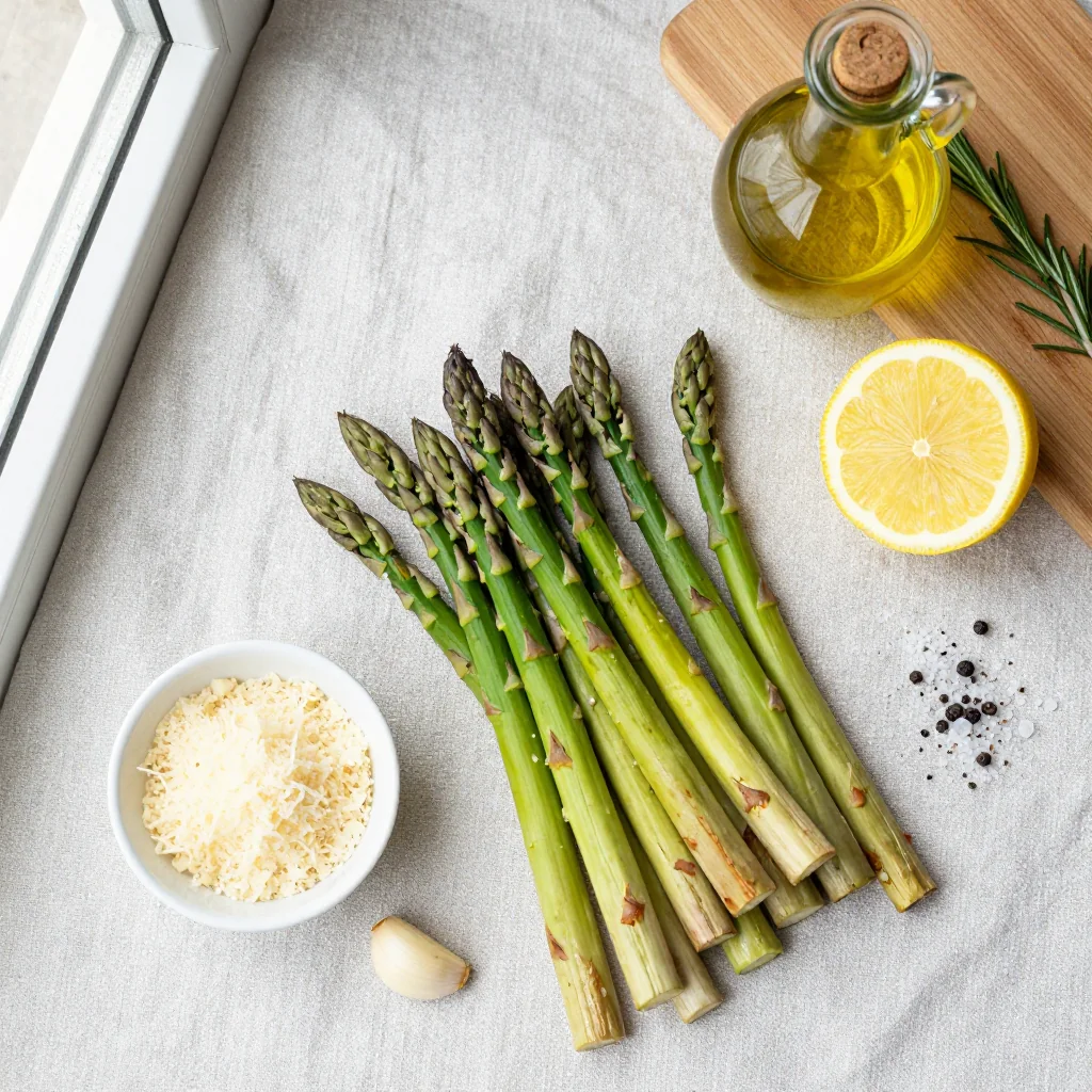 All ingredients for Garlic Parmesan Roasted Asparagus Spears