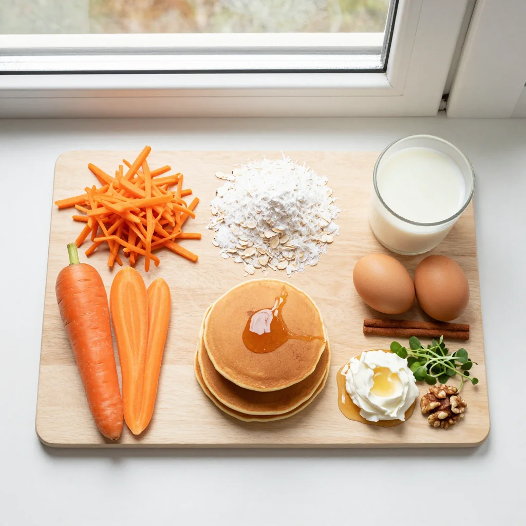 All ingredients laid out for Fluffy Carrot Cake Pancakes with Cream Cheese Syrup