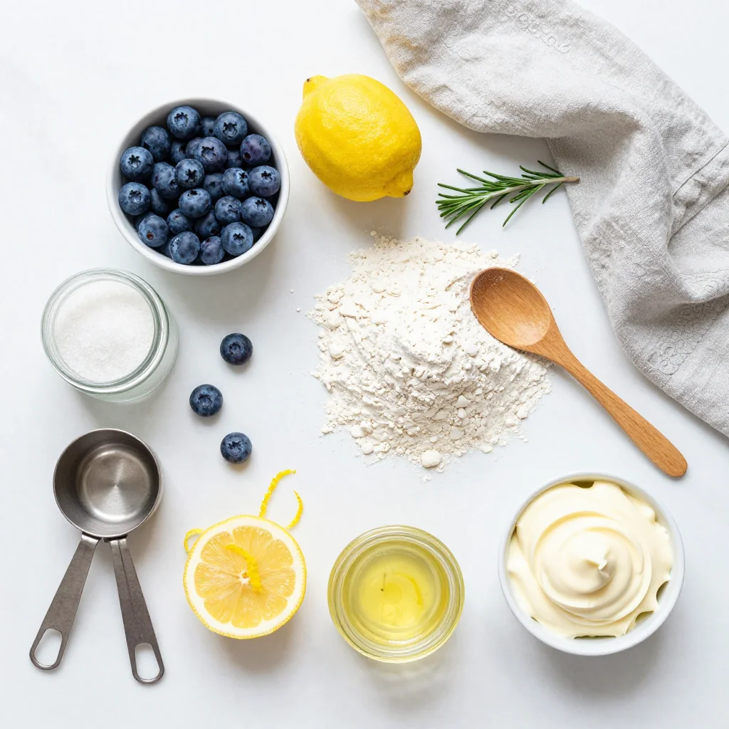 All ingredients for Lemon Blueberry Coffee Cake with Crumb Topping arranged on a wooden board