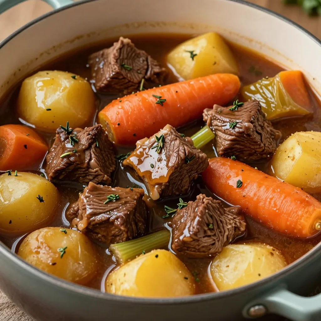 cozy one pot beef stew with potatoes and winter root vegetables
