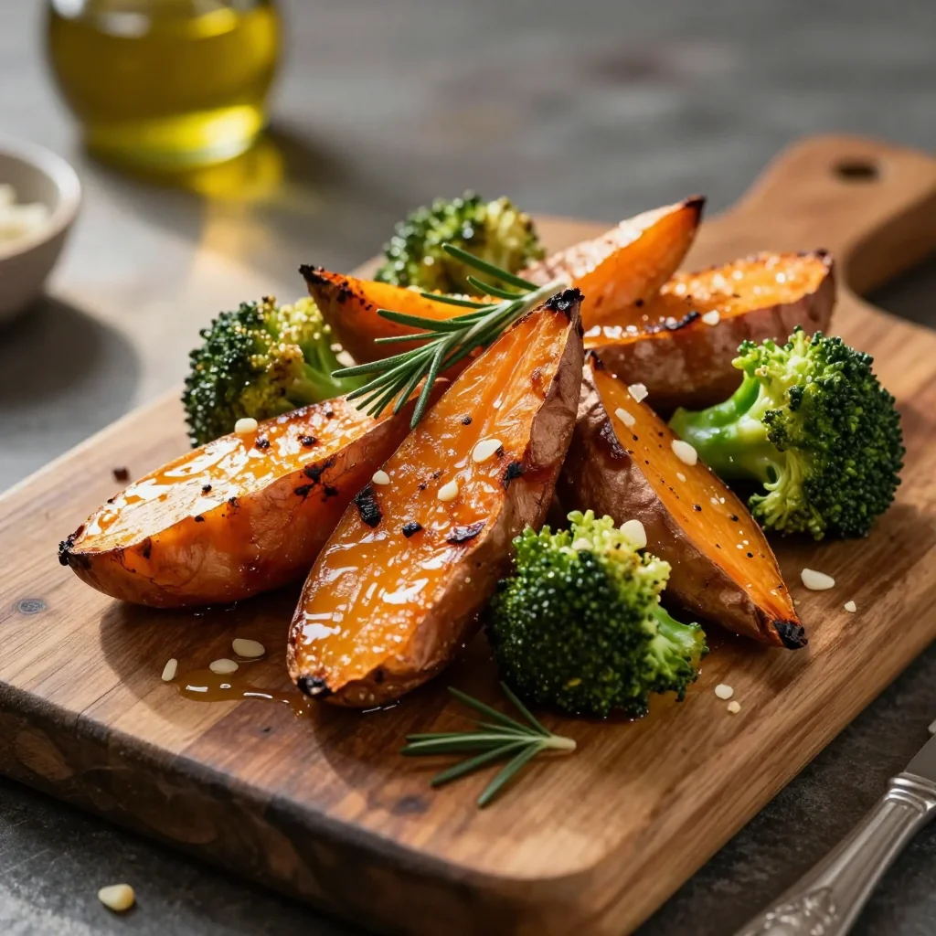Roasted Sweet Potatoes and Broccoli with Garlic