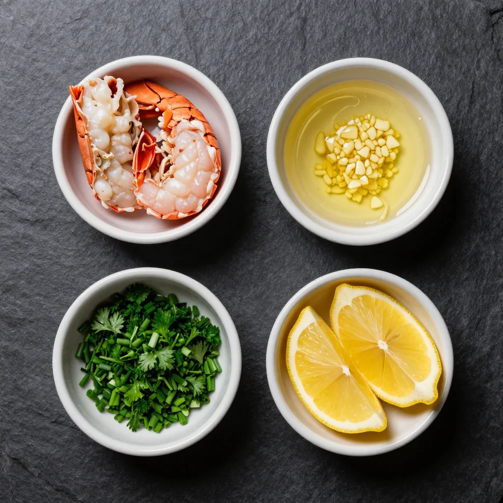 Fresh lobster tails, garlic, herbs, and butter arranged on a marble surface