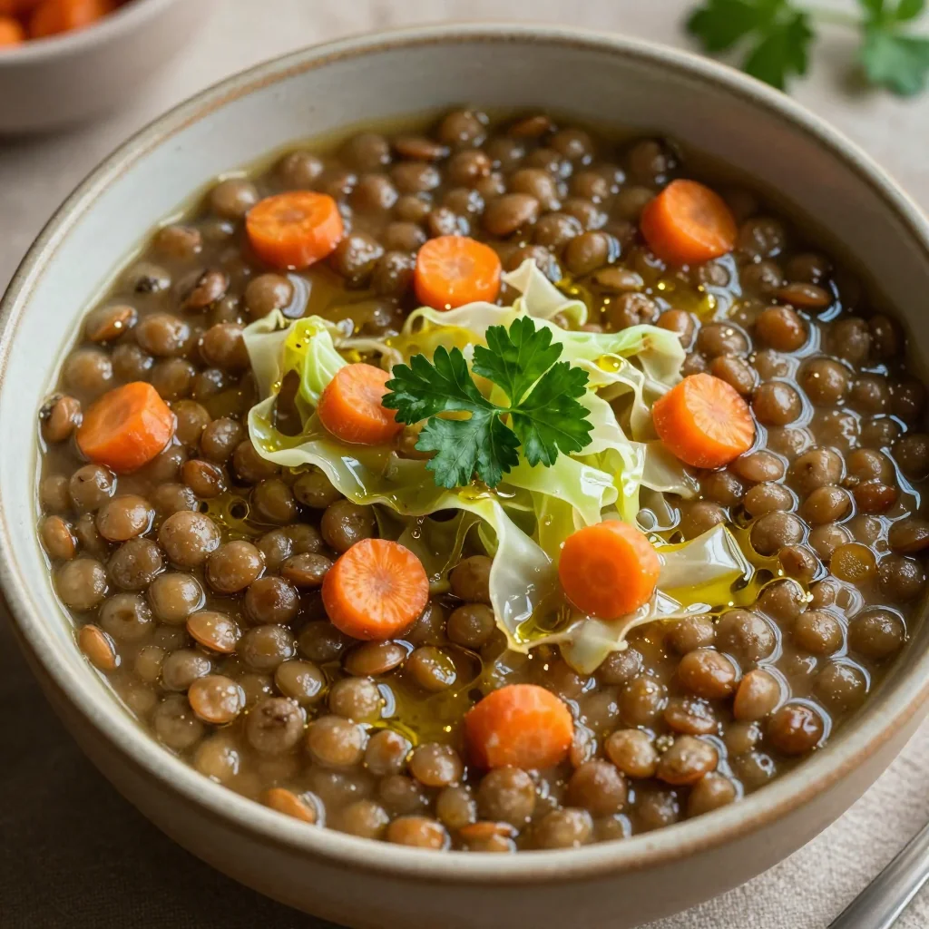 healthy one pot lentil and cabbage soup with carrots for cold evening meals