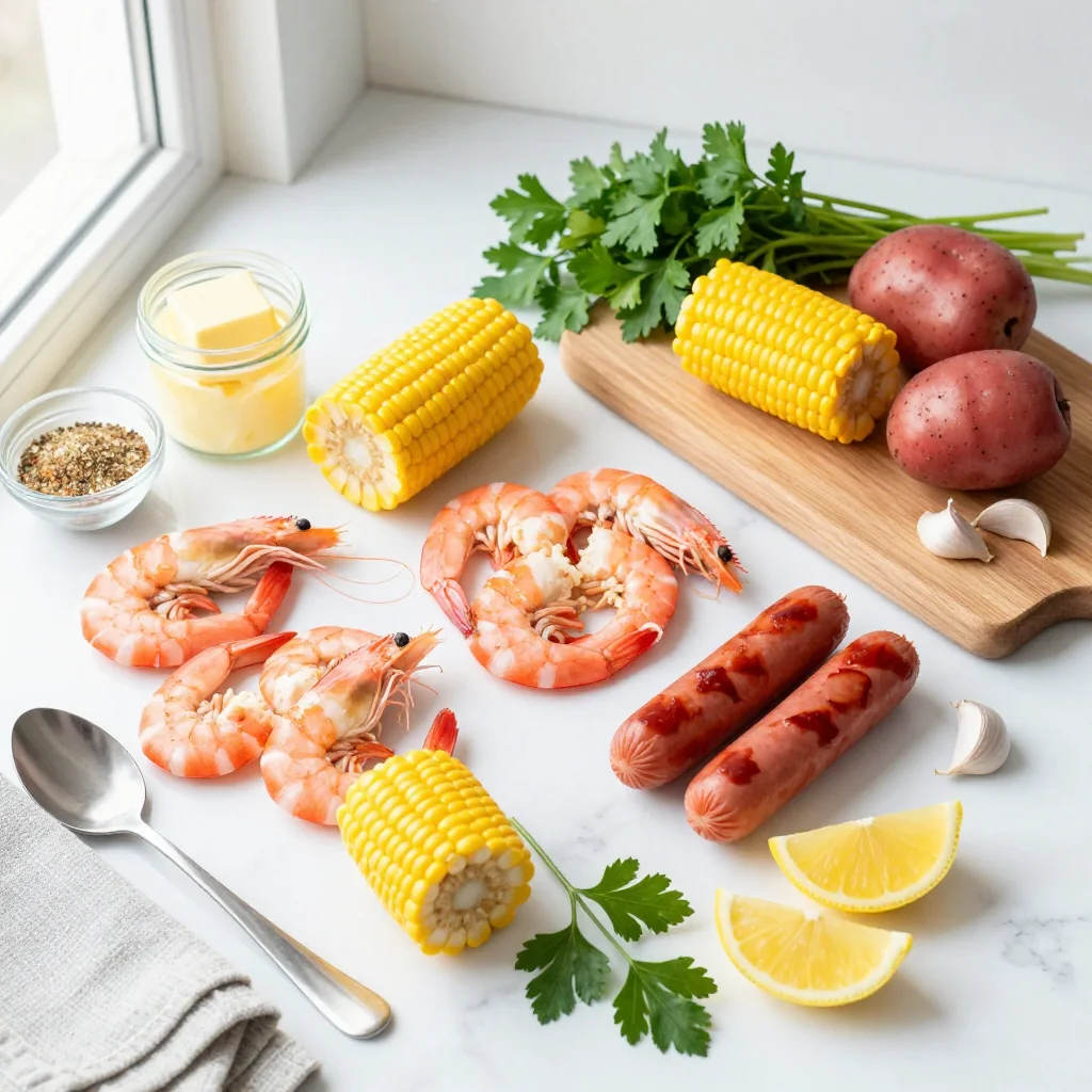 All ingredients for Shrimp Boil Foil Packets with Corn and Sausage