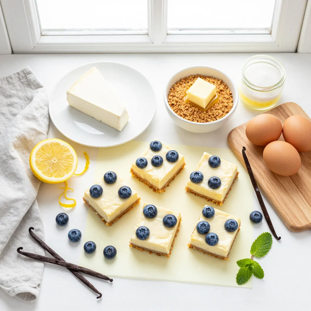 All ingredients for Lemon Blueberry Cheesecake Bars arranged on a wooden board