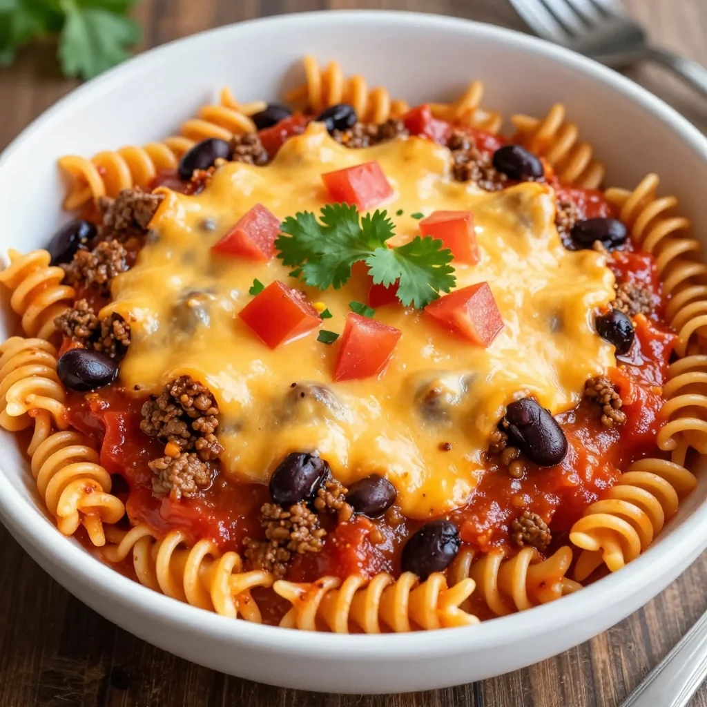 Kid Friendly Cheesy Taco Pasta with Ground Beef and Beans