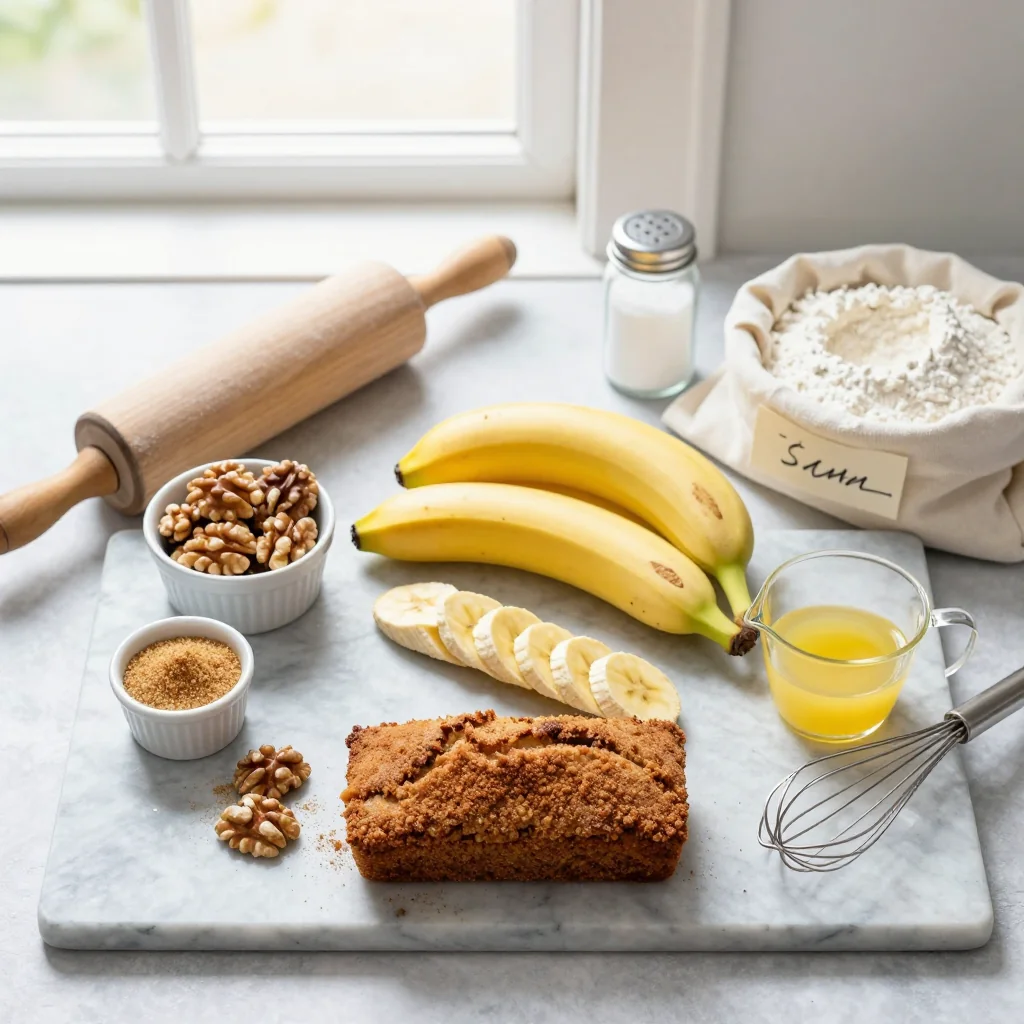 All ingredients for Banana Walnut Bread with Cinnamon Sugar Crust