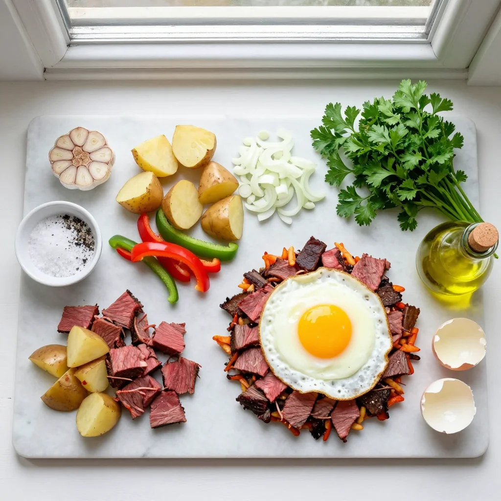 All ingredients for Corned Beef Hash with Fried Eggs neatly arranged on a wooden board