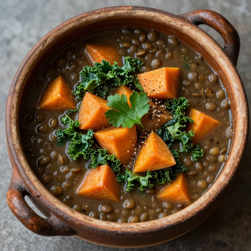 comforting one pot lentil soup with kale and root vegetables for cold nights