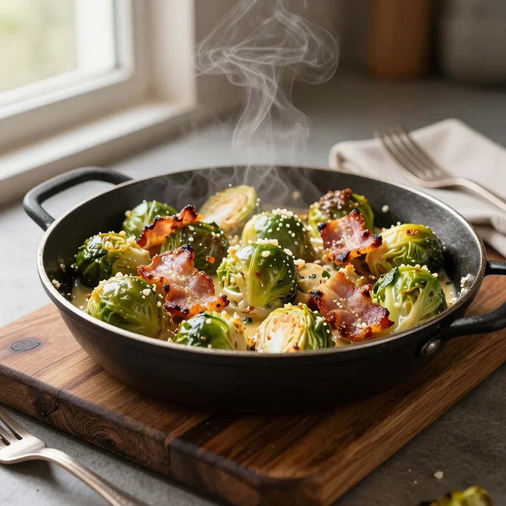 Creamy Garlic Parmesan Brussels Sprouts with Bacon