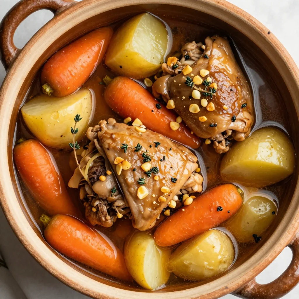 hearty slow cooker chicken stew with root vegetables and garlic