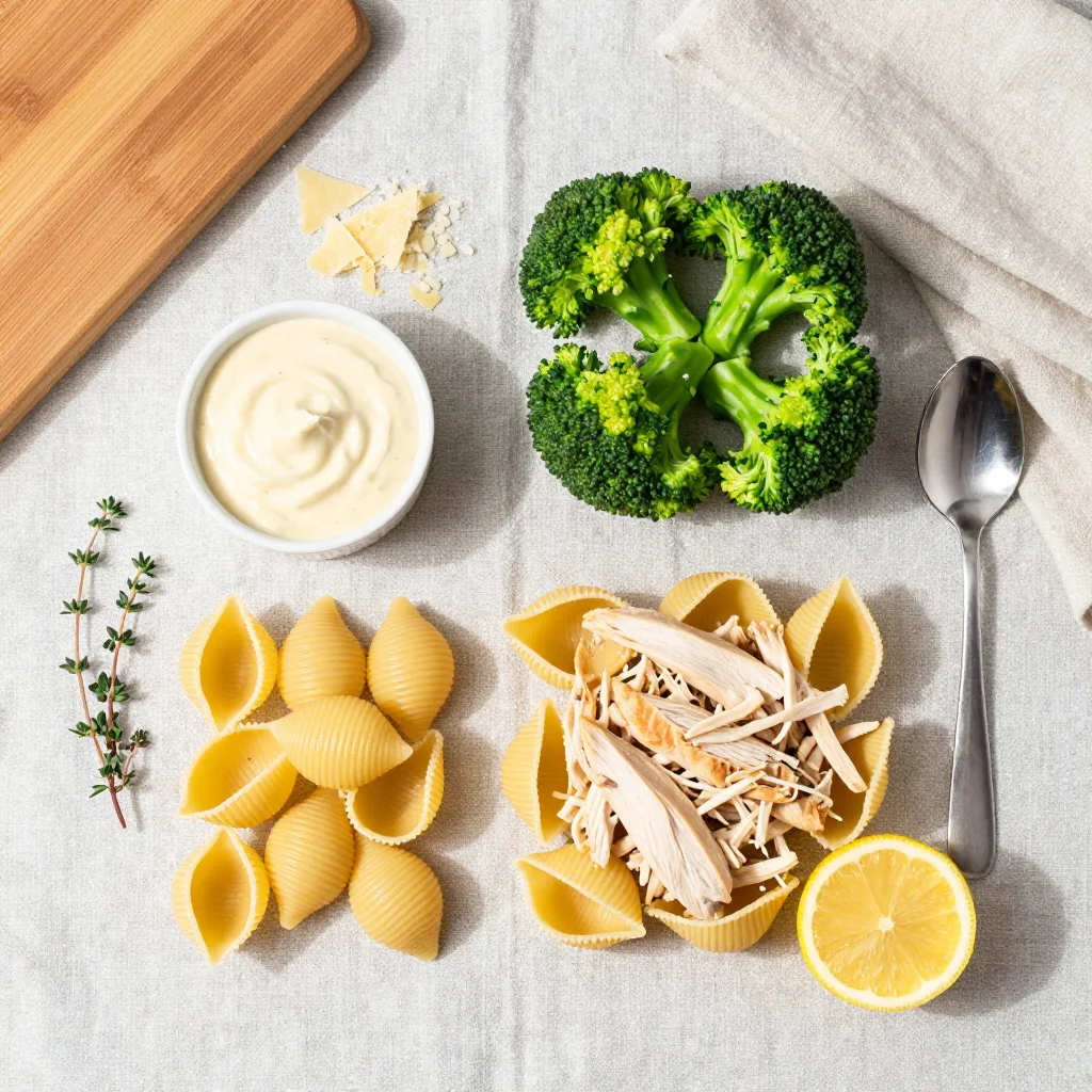 All ingredients for Chicken Alfredo Stuffed Shells with Broccoli