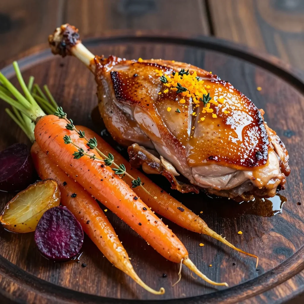 warm citrus glazed roasted duck with roasted root vegetables
