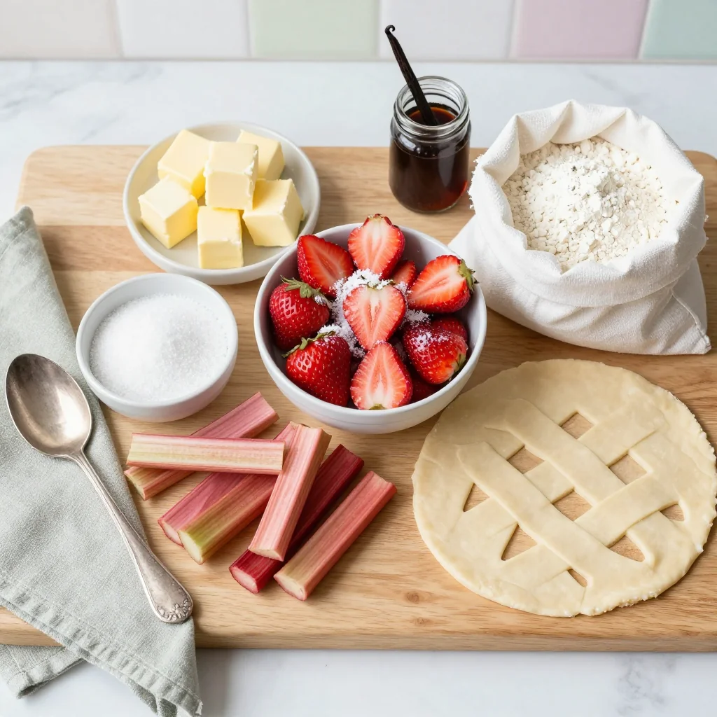 All ingredients laid out for Strawberry Rhubarb Pie with Lattice Top
