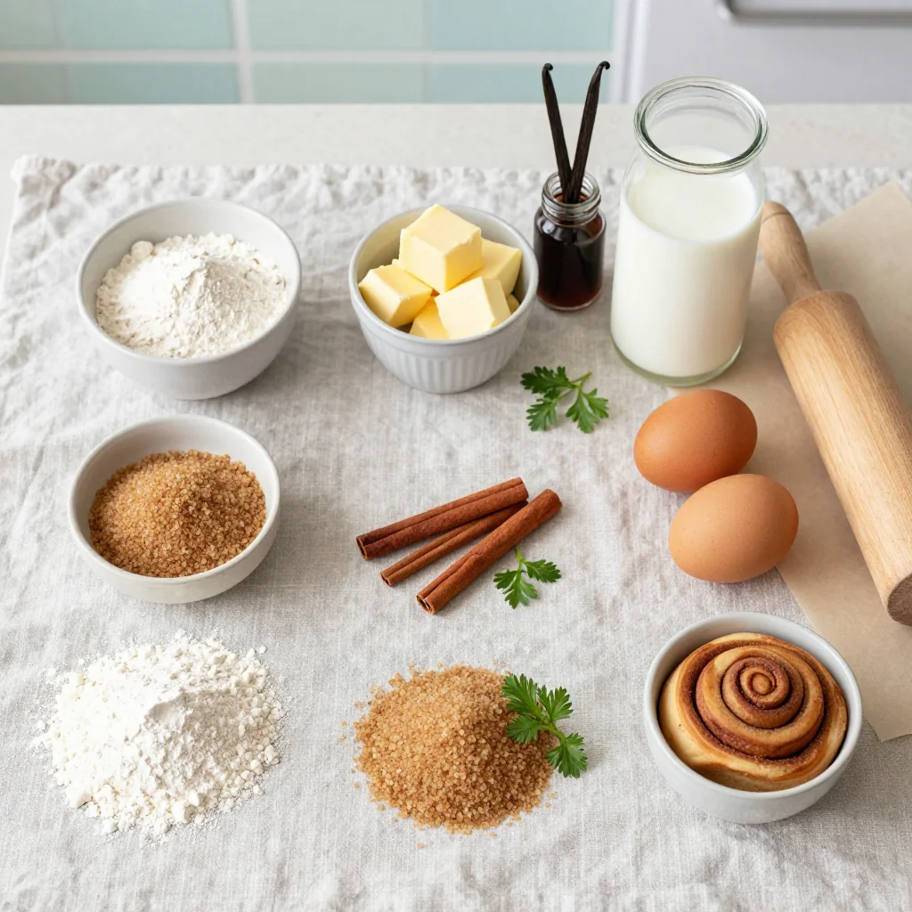 All ingredients laid out on a wooden board, ready for Cinnamon Roll Bunnies