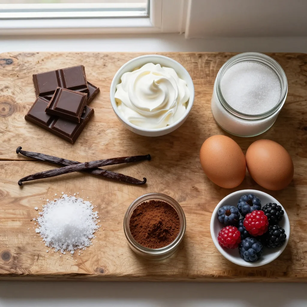 All ingredients for Chocolate Mousse with Whipped Cream Topping