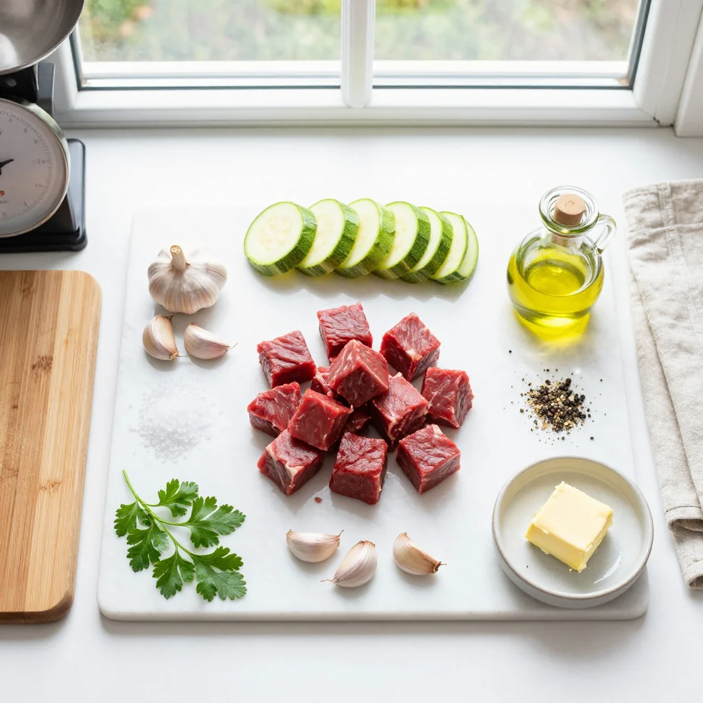 All ingredients laid out for Garlic Butter Steak Bites with Zucchini Noodles