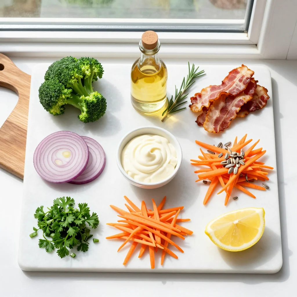 All ingredients for Broccoli Salad with Bacon and Sunflower Seeds