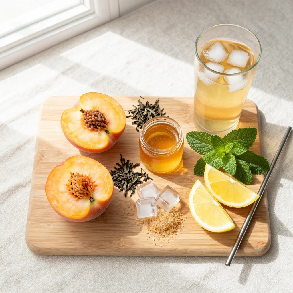 All ingredients for Peach Iced Tea Sweet arranged on a wooden board