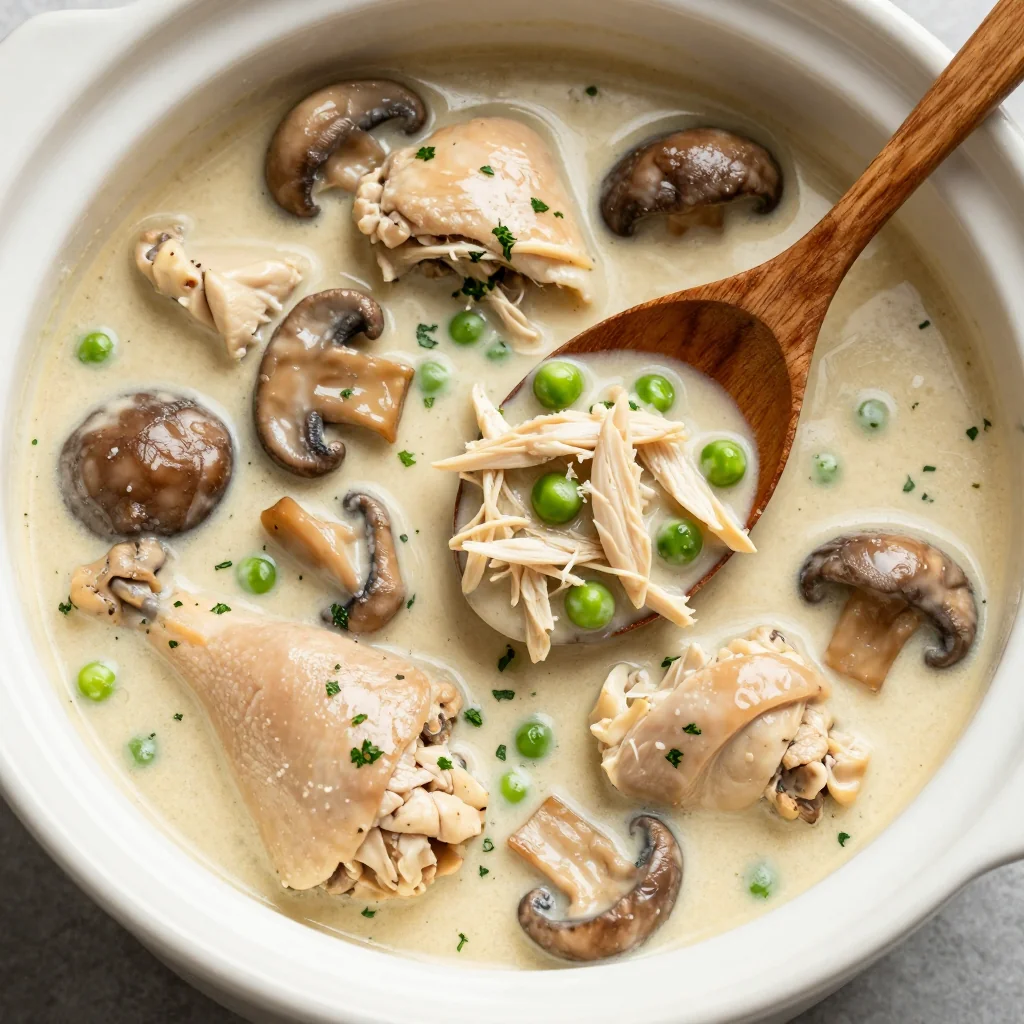 High Protein Slow Cooker Creamy Chicken and Mushroom Stew