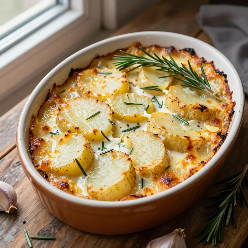 rich garlic and rosemary potato gratin perfect for cozy winter meals