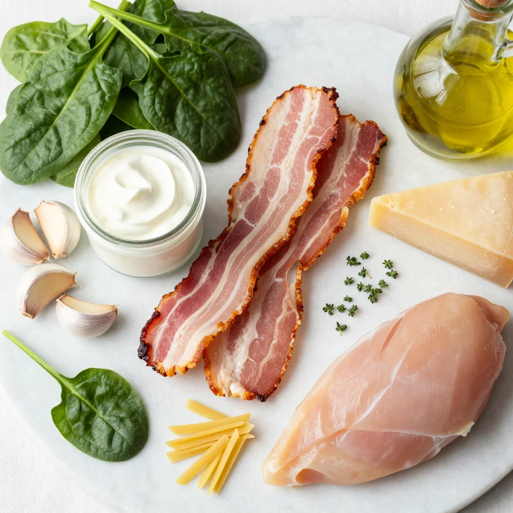 All ingredients for Creamy Spinach Pasta with Bacon and Chicken