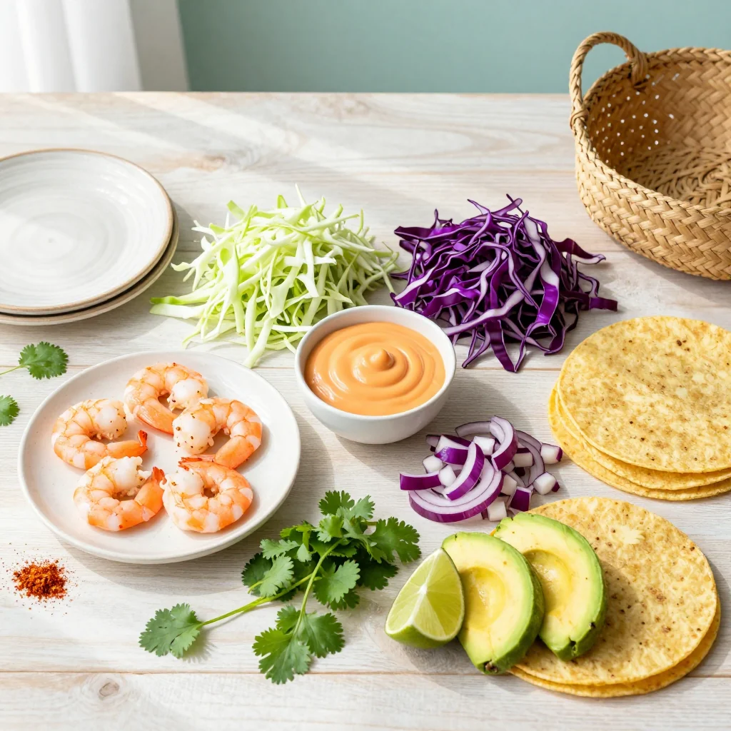 All ingredients for Bang Bang Shrimp Tacos with Spicy Creamy Sauce
