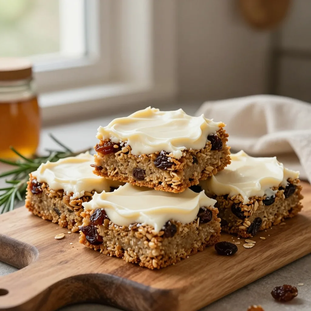 Oatmeal Raisin Cookie Bars with Cream Cheese Frosting