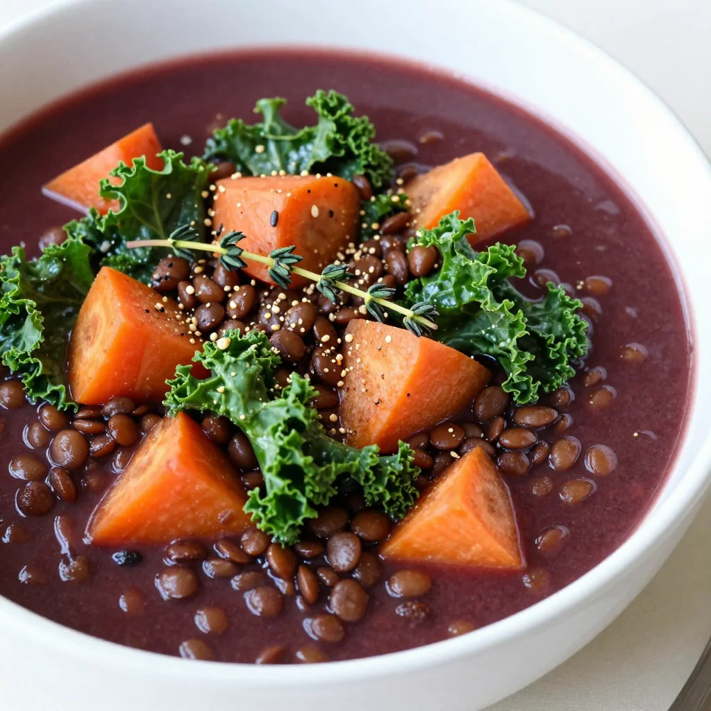 healthy batchcooked lentil stew with kale and root vegetables