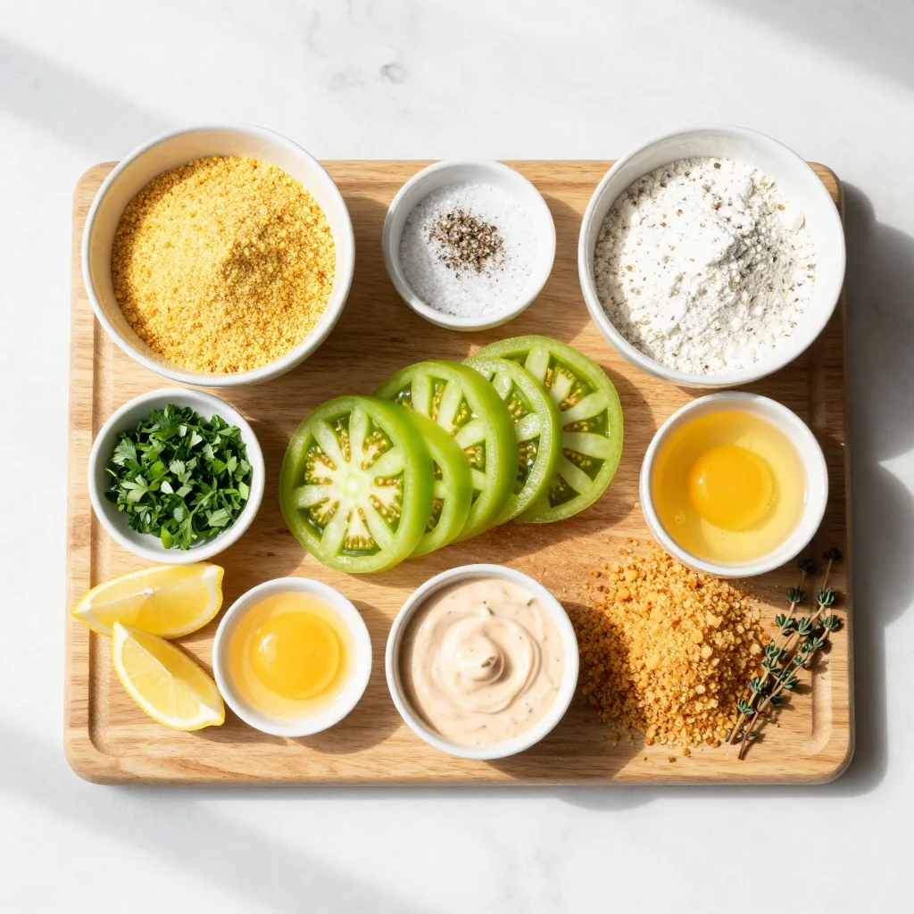 All ingredients for Crispy Fried Green Tomatoes with Remoulade Sauce