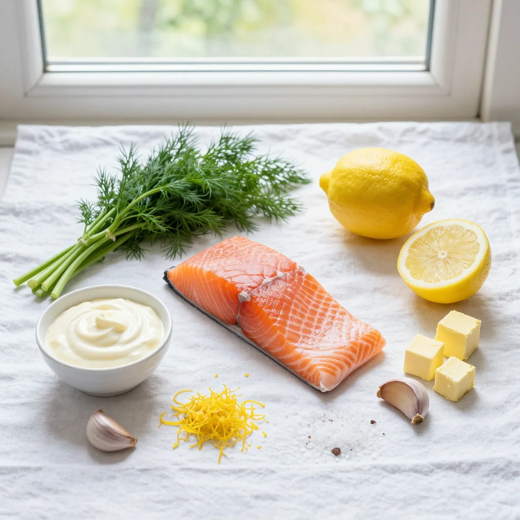 All ingredients for Salmon with Creamy Dill and Lemon Sauce