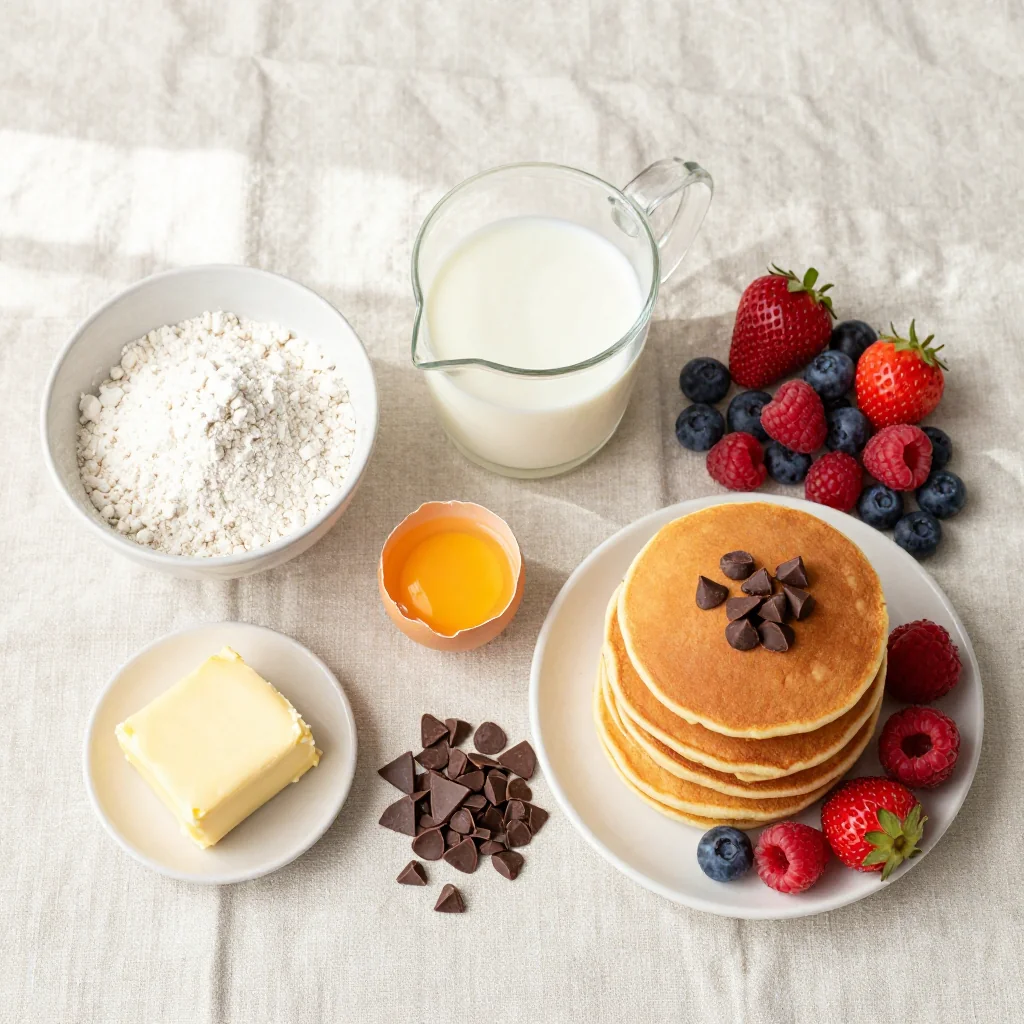 All ingredients for Sheet Pan Pancakes with Berries and Chocolate Chips