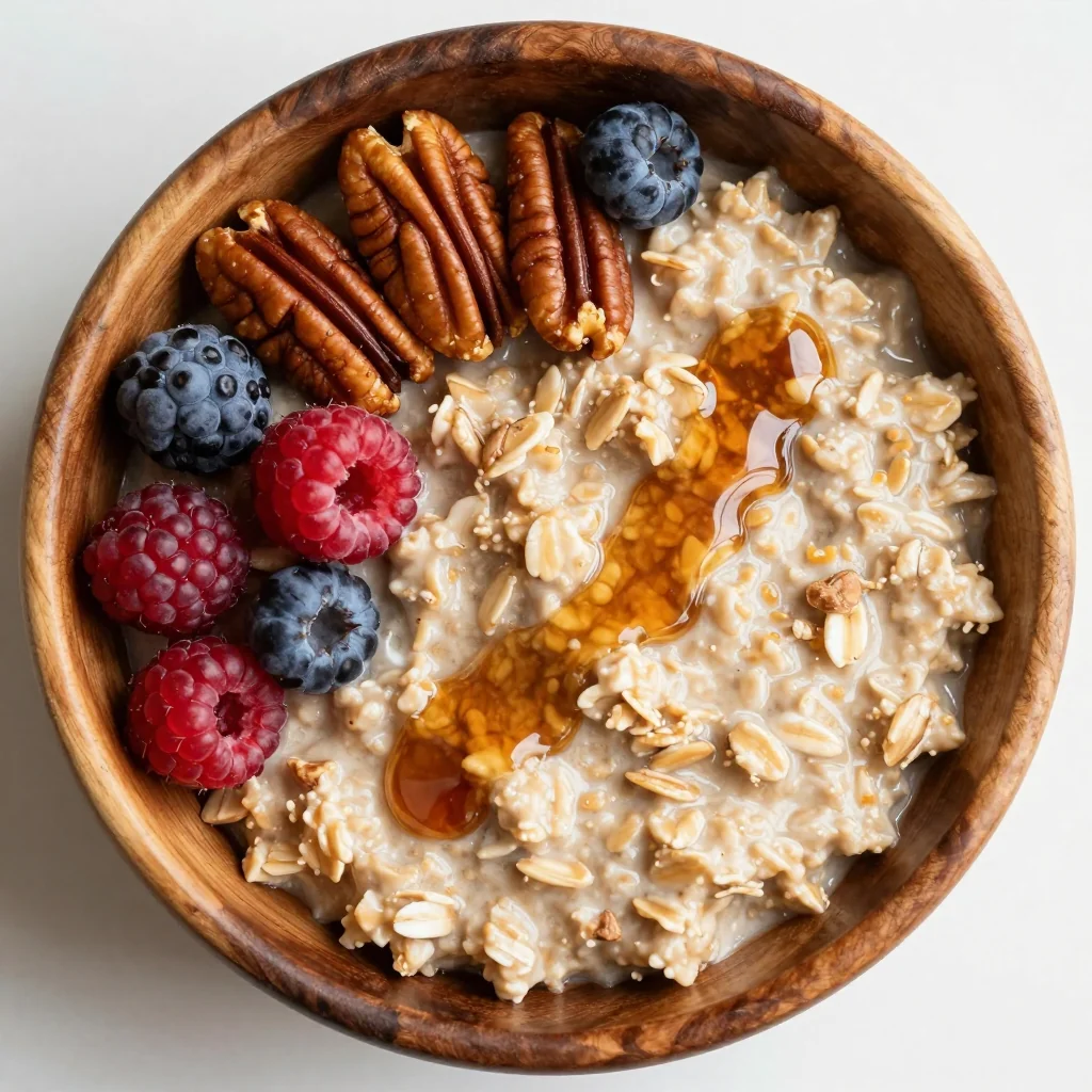 Warm Maple Pecan Oatmeal with a Drizzle of Maple for Winter