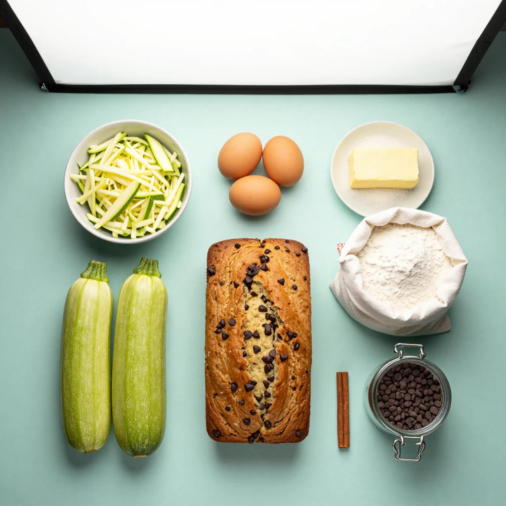 All ingredients for zucchini bread with chocolate chips neatly arranged on a wooden board