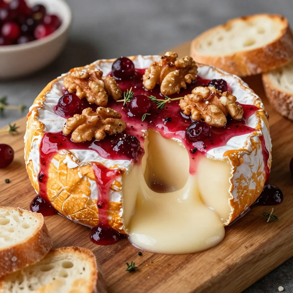 baked brie with cranberry sauce and toasted walnuts for holiday parties