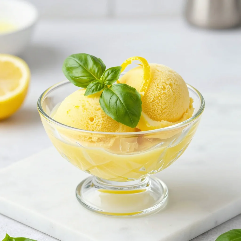 Lemon Sorbet with Fresh Basil Garnish