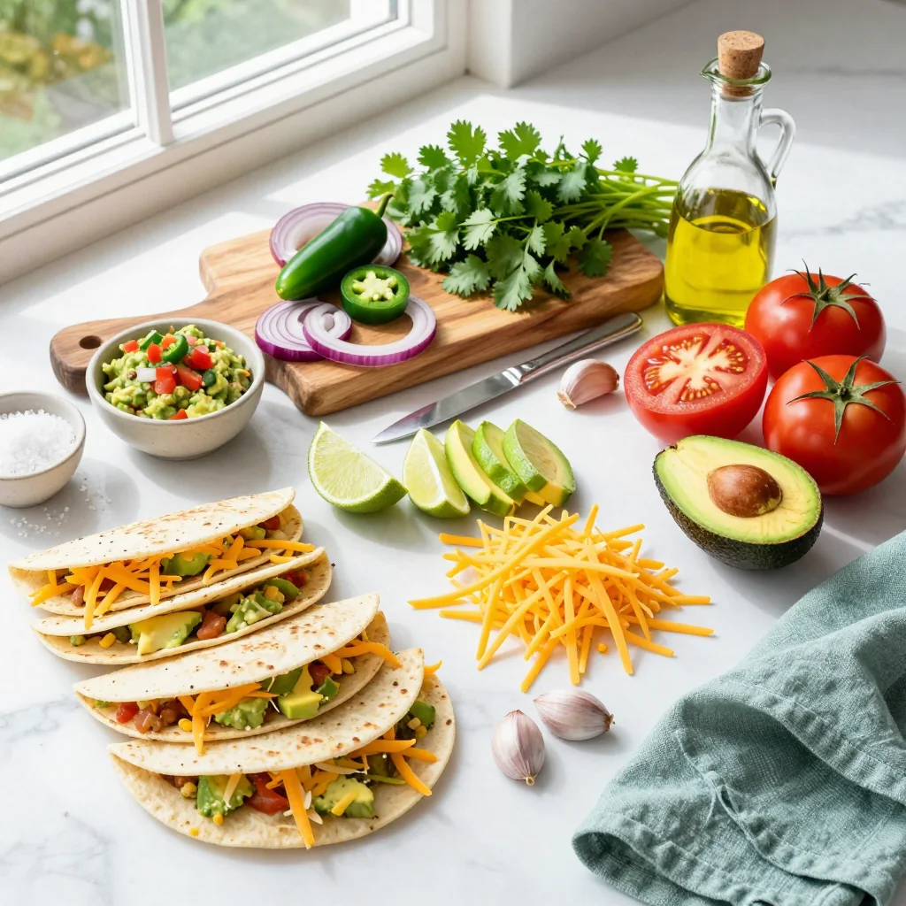 All ingredients for Cheesy Quesadillas with Guacamole and Salsa