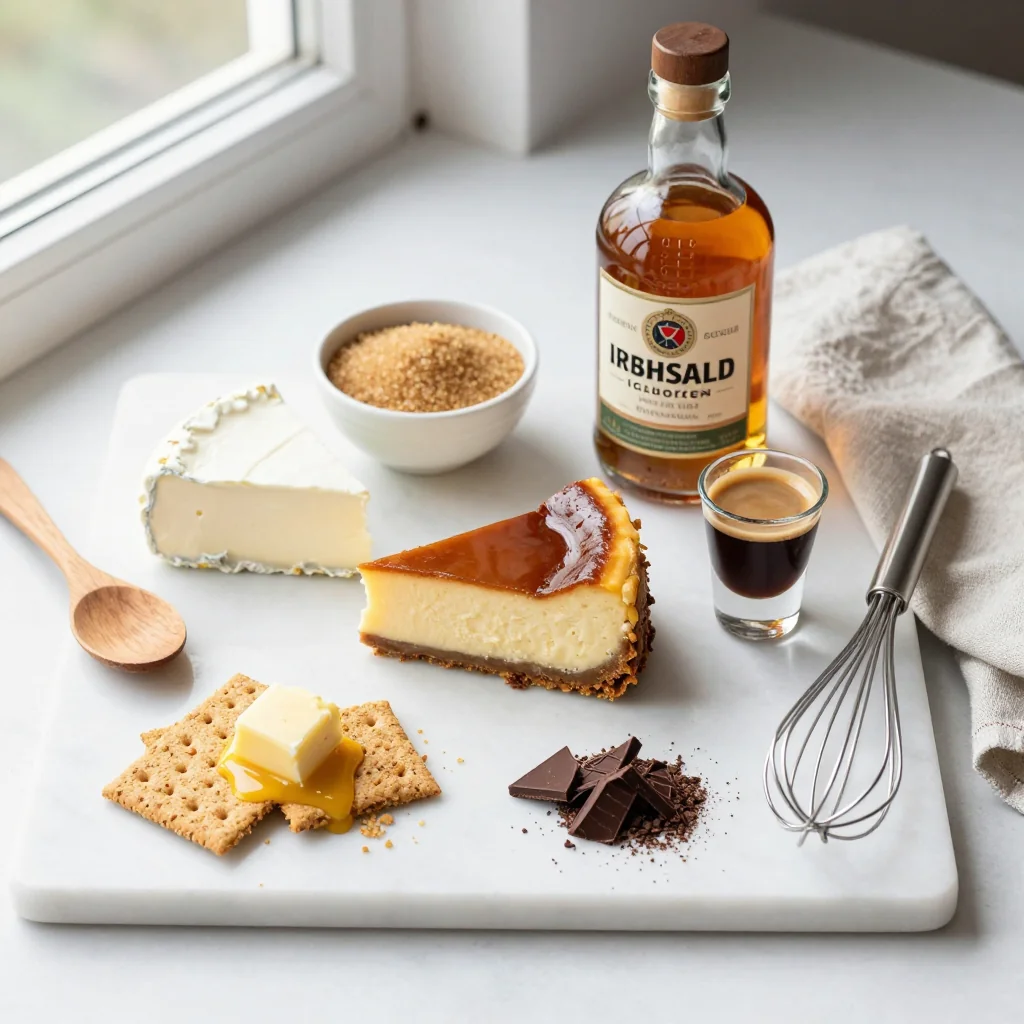 All ingredients for Irish Coffee Cheesecake neatly arranged