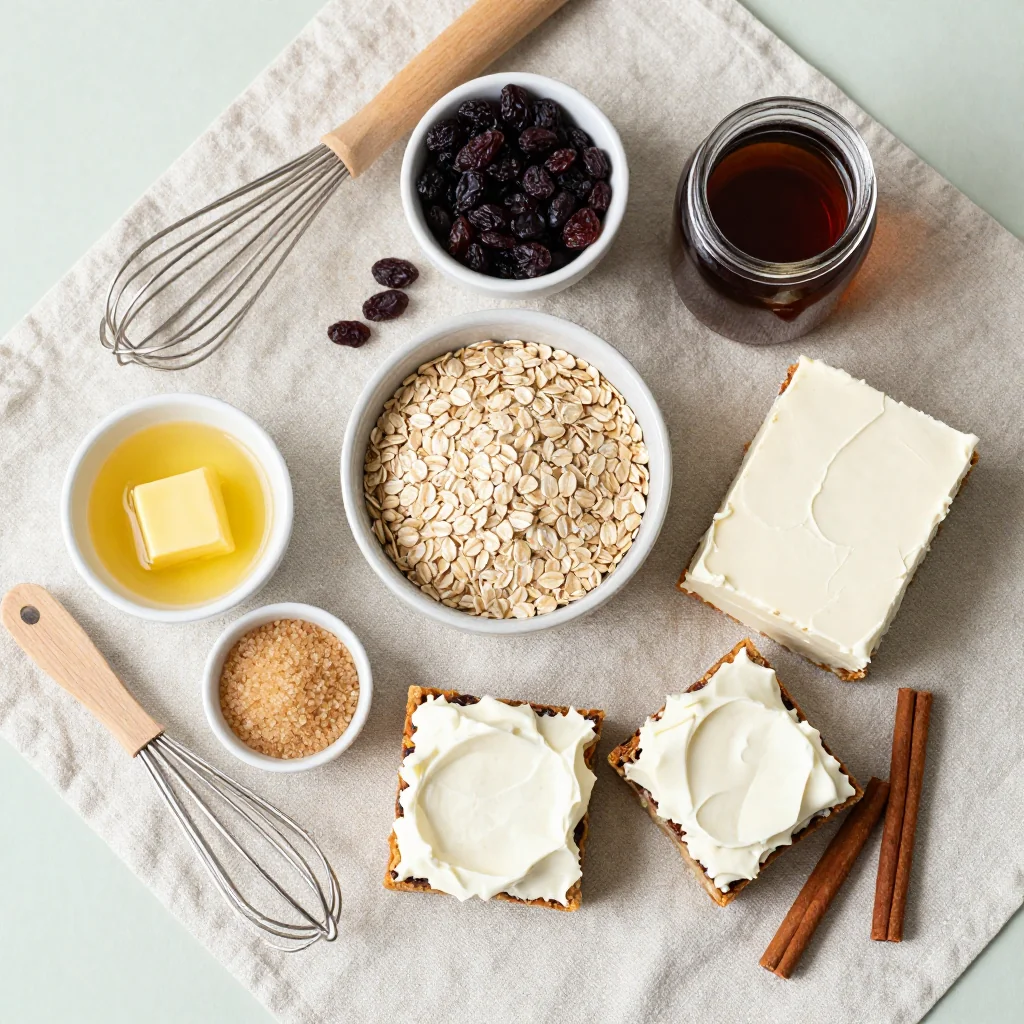 All ingredients laid out for Oatmeal Raisin Cookie Bars with Cream Cheese Frosting