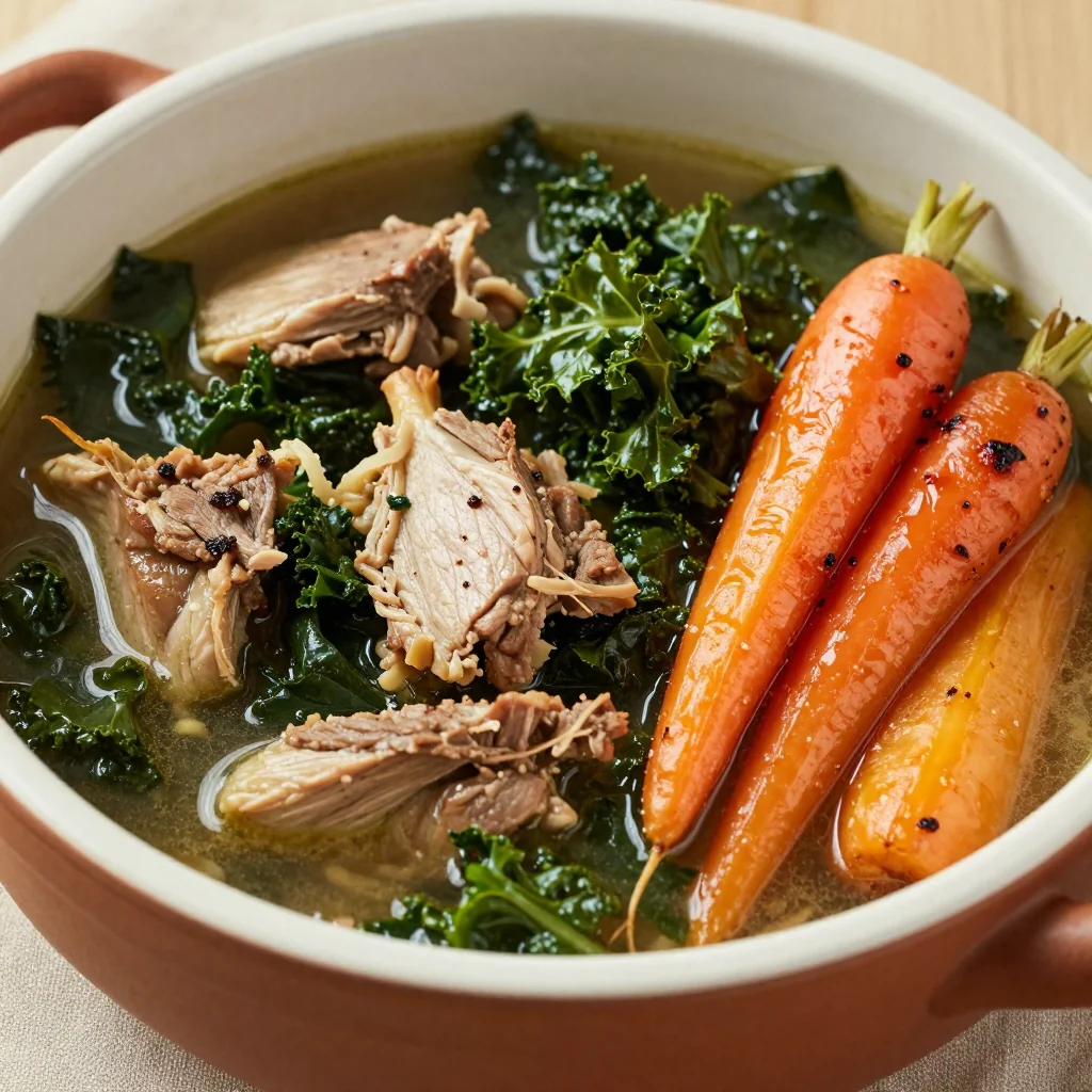 slow cooker turkey and kale stew with roasted carrots and parsnips