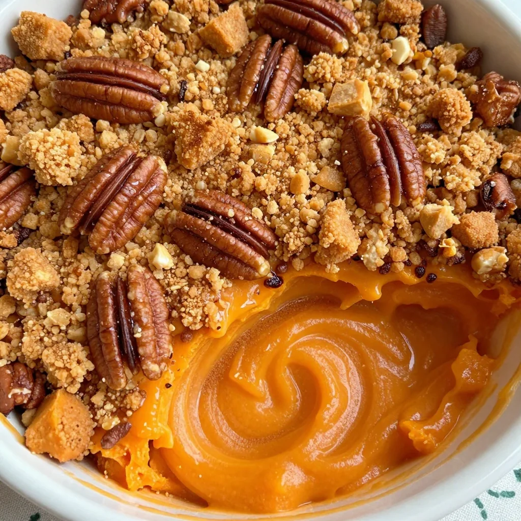 sweet potato casserole topped with maple pecan streusel for holiday meals