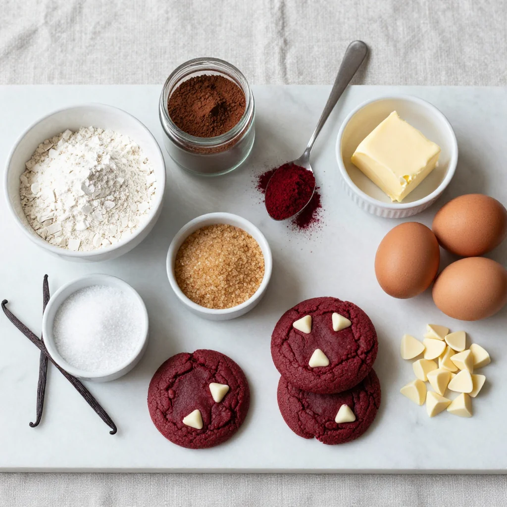 All ingredients for Red Velvet Cookies with White Chocolate Chips