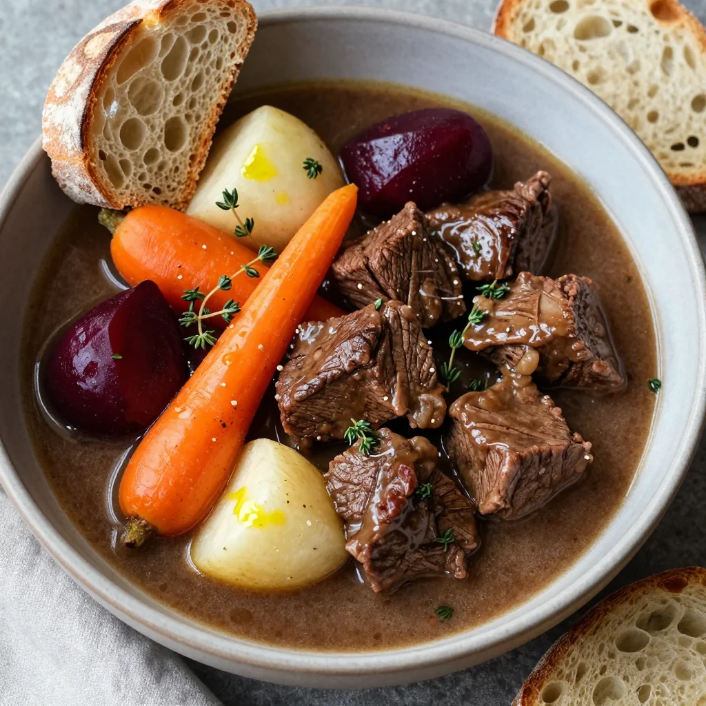 batch cooking friendly beef stew with root vegetables and herbs