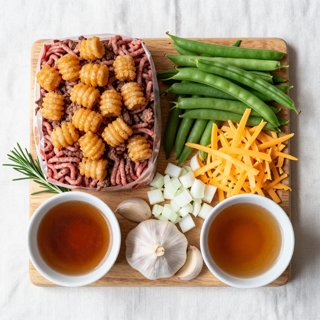 All ingredients for Tater Tot Casserole with Ground Beef and Green Beans