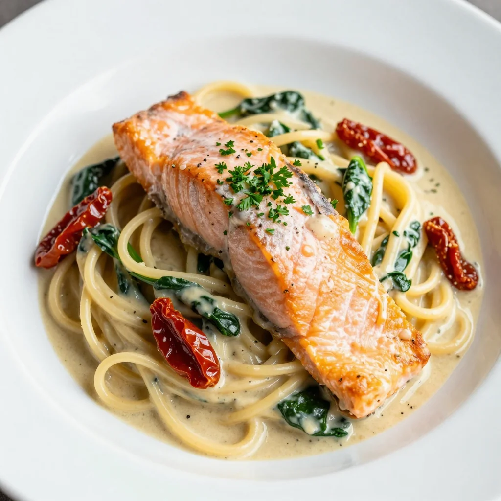 Creamy Tuscan Salmon With Spinach And Sun Dried Tomatoes Pasta
